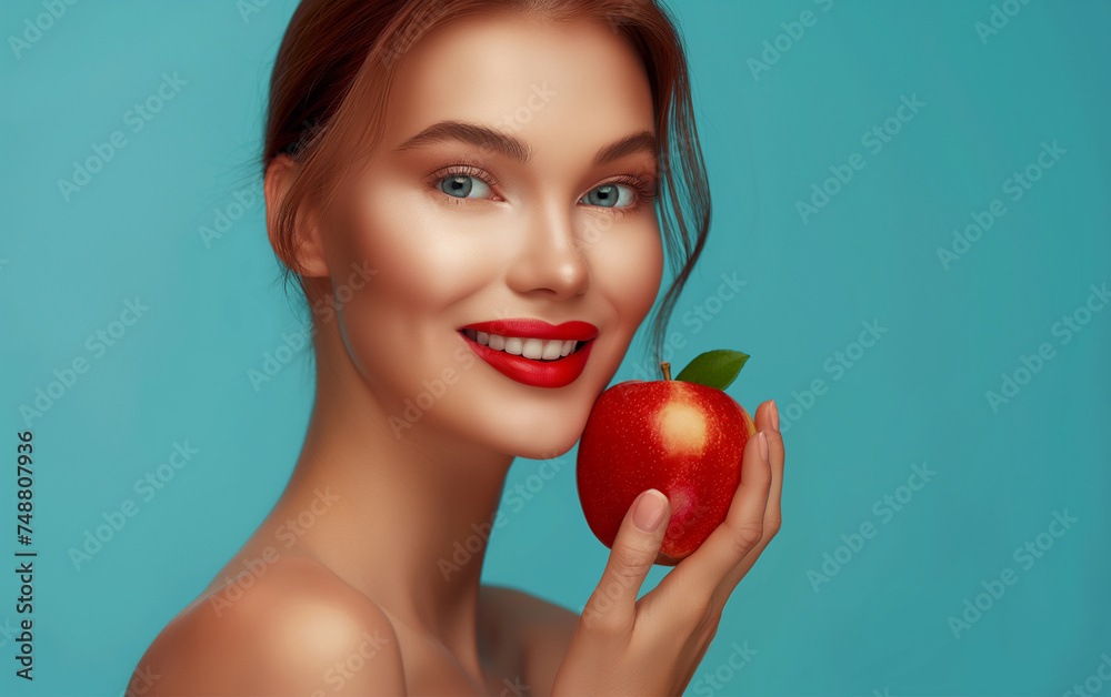 Woman with an apple , blue background, healthy eating concept Woman with an apple , blue background, healthy eating concept