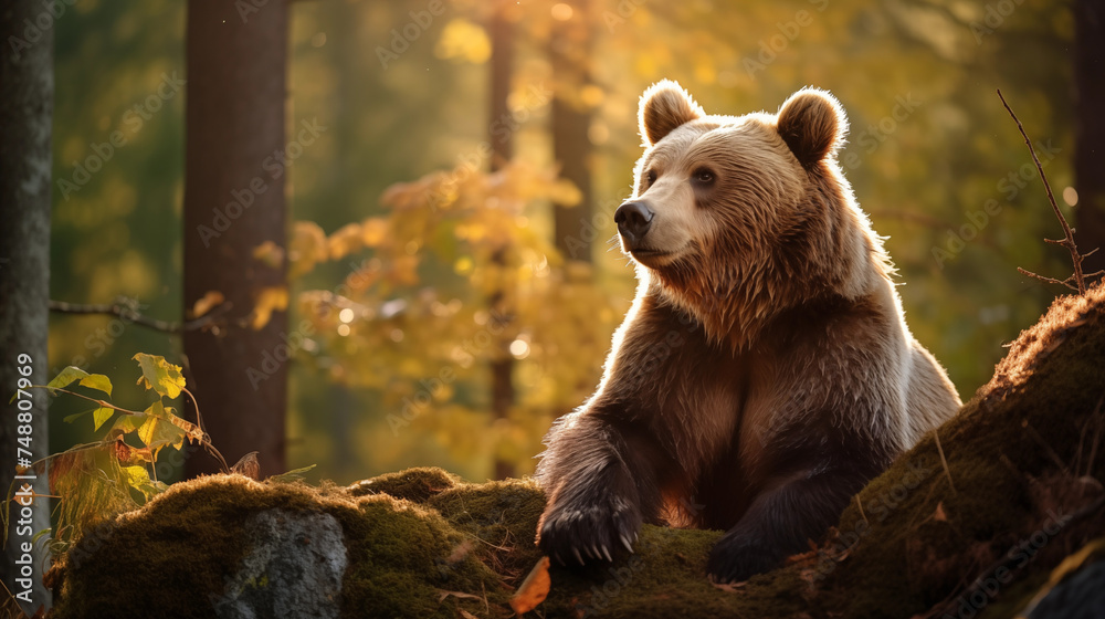 Brown bear in the forest looking over a mossy tree trunk - obrazy, fototapety, plakaty 