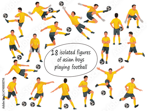 Set of 18 vector isolated teenager boys figures of junior football players and goalkeepers in yellow sports uniform jumping  running  catching the ball on white background