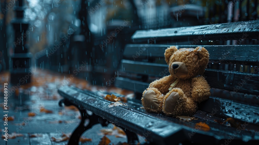 Teddy bear alone on a soggy park bench at heartrending. Generative Ai - obrazy, fototapety, plakaty 