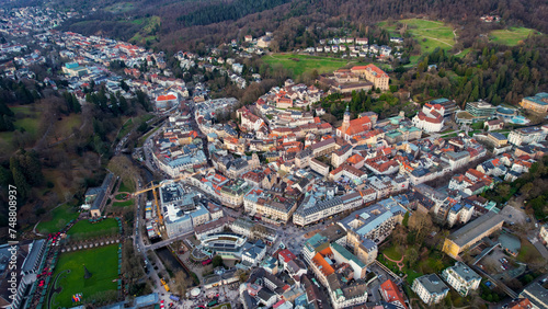 Aerial of the old town of Baden-Baden around the winter on a sunny afternoon in Germany.