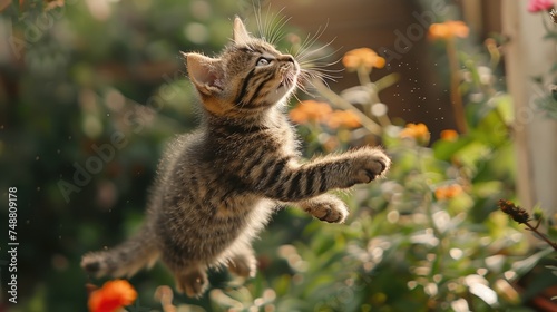 A cute kitten leaping into the air in a garden. Generative Ai