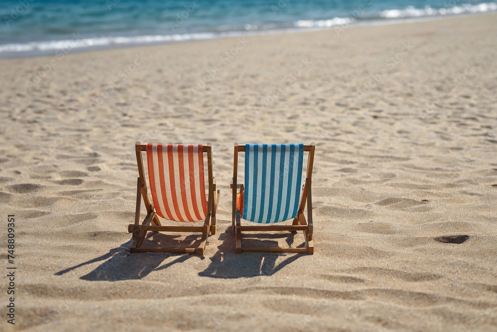 Two deck chairs on the beach. Summer vacation and travel concept. Two deck chairs on the beach. Summer vacation and travel concept.