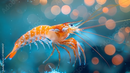 falling shrimps, diving into clear blue water, background light with decorations, © Dushan
