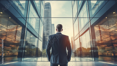 businessman looking through an office window at the buildings in front with his hands in his pockets generativa IA photo