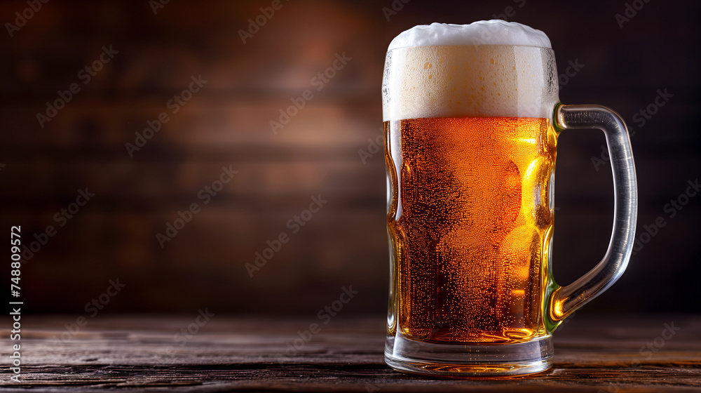 Cold mug with beer, with overflowing froth, on wooden table and dark background with copy space. Neural network generated image. Not based on any actual scene or pattern.