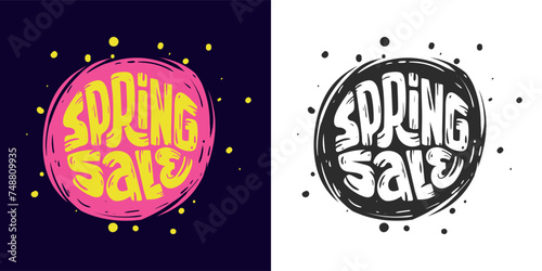 Spring Sale. Bright with acidic colors text. Grange hand lettering sales season. Vector file