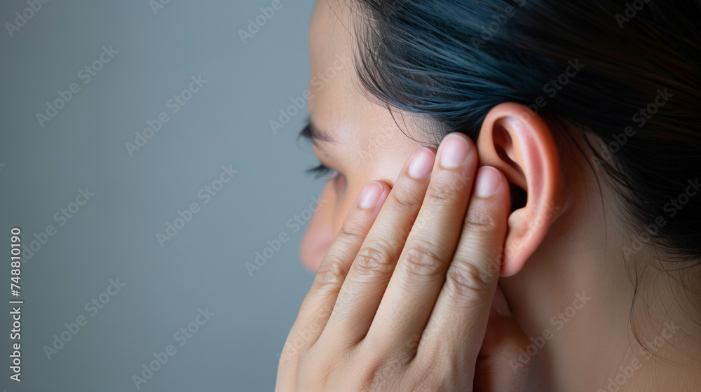 Woman touching her ear with her hand. Hearing problems, ear pain, headache, headache and deafness. Copy space. Woman touching her ear with her hand. Hearing problems, ear pain, headache, headache and deafness. Copy space.