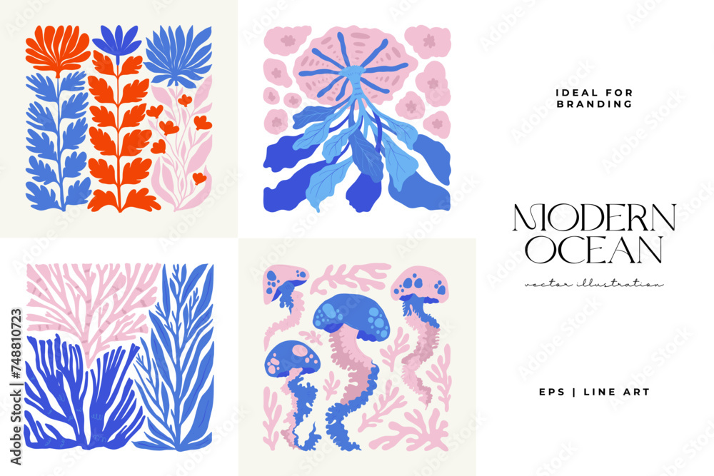 Underwater world, ocean, sea, fish and shells vertical flyer or poster template. Modern trendy Matisse minimal style. Underwater world, ocean, sea, fish and shells vertical flyer or poster template. Modern trendy Matisse minimal style.