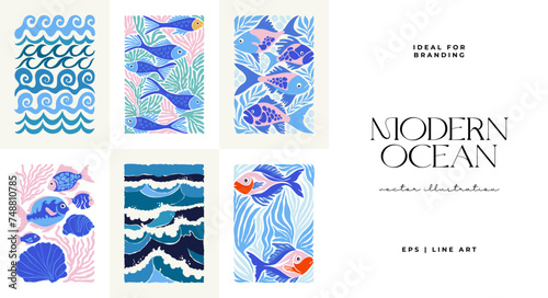 Underwater world, ocean, sea, fish and shells vertical flyer or poster template. Modern trendy Matisse minimal style.