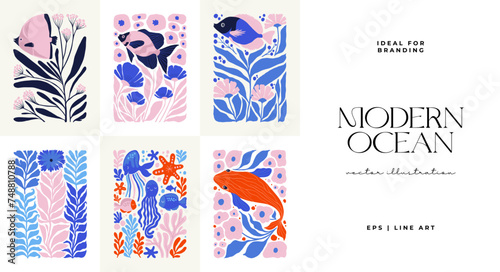Underwater world  ocean  sea  fish and shells vertical flyer or poster template. Modern trendy Matisse minimal style.