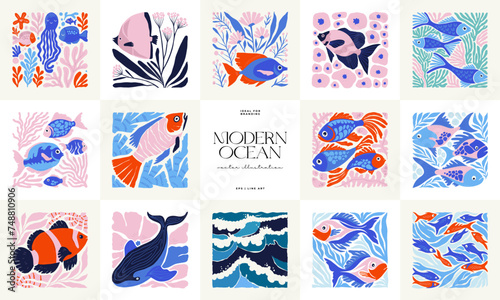 Underwater world, ocean, sea, fish and shells vertical flyer or poster template. Modern trendy Matisse minimal style.
