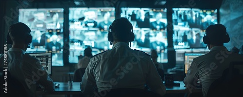 Surveillance Feeds Monitored by National Security Officers in High-Tech Central Command Center. Concept National Security, Surveillance Feeds, High-Tech, Command Center
