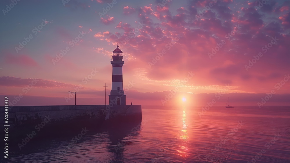 Fototapeta premium Sunset serenity at a coastal lighthouse with a backdrop of captivating clouds