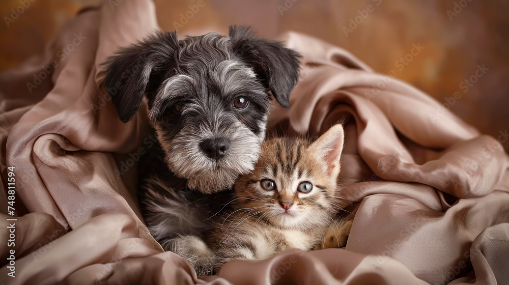 A heartfelt moment between a puppy and a kitten enveloped in a soft beige blanket. A heartfelt moment between a puppy and a kitten enveloped in a soft beige blanket.