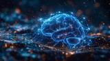 Detailed blue brain illustration. Human brain anatomy. 3D  illustration. Geometric background. Wireframe light connection structure. Abstract blue brain. Brain anatomy.