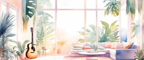 Modern interior with acoustic guitar and sofa. exotic scenery. Interior illustration in pastel toned watercolor style.
