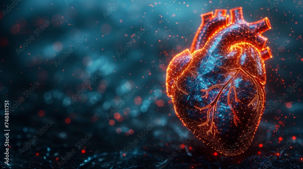 Heart concept with red cardio pulse line in low poly style. Abstract blue geometric background. Wireframe light connections. Blue 3D graphic. . - obrazy, fototapety, plakaty 