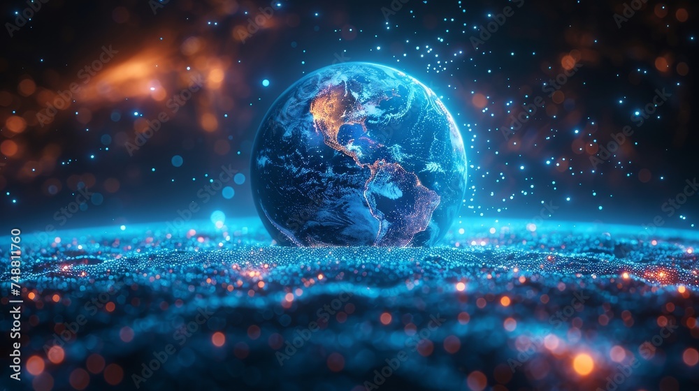 This is an abstract blue glowing planet Earth in a simple power button ...