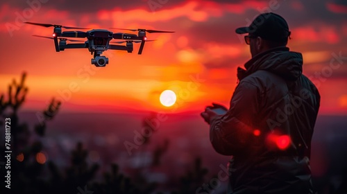 Man operating a drone with remote control