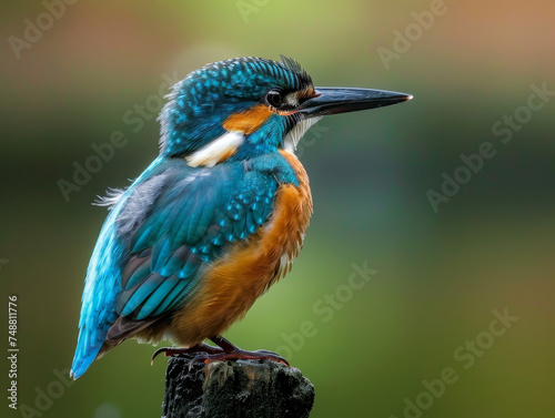 A vivid blue and orange kingfisher perched on a stump.