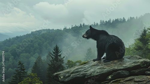a black bear in its natural habitat within the Smoky Mountains National Park, showcasing the wildlife's beauty and power against the backdrop of lush forests and misty mountain peaks. © lililia