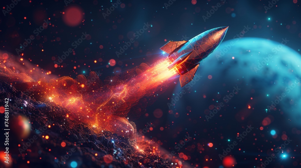 Flying rocket with planets in space. Low poly style design. Abstract geometric background. Wireframe light connection structure. Modern 3D graphic concept. Isolated  illustration. - obrazy, fototapety, plakaty 