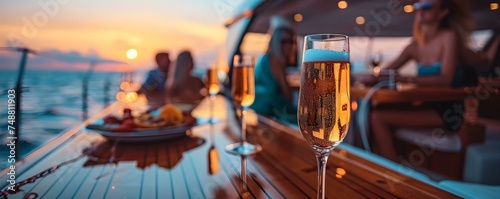Friends enjoying champagne on yacht at sea luxury travel and yachting. Concept Luxury Yachting, Champagne Celebration, Sea Adventure, Traveling with Friends