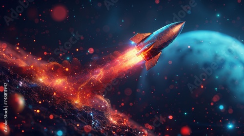 Flying rocket with planets in space. Low poly style design. Abstract geometric background. Wireframe light connection structure. Modern 3D graphic concept. Isolated  illustration.