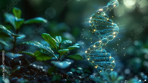 Sprout of green plant with blue 3D DNA molecule. Concept of gene editing genetic biotechnology engineering. Low poly style. Abstract wireframe structure.  image. photo