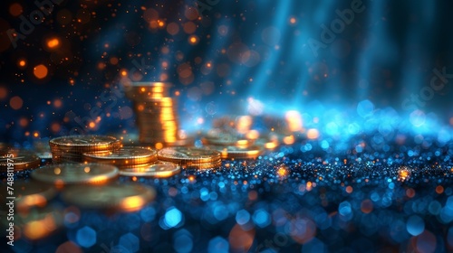 The image shows an abstract coins pile with falling coins. Money savings theme. It has a low poly style design. A blue geometric background. A wireframe light connection structure. A modern 3d photo