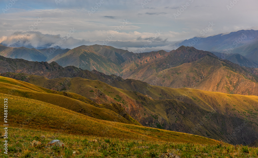 Mountain range and plateau at dawn in the southeast of Kazakhstan in the Zhetysu regions