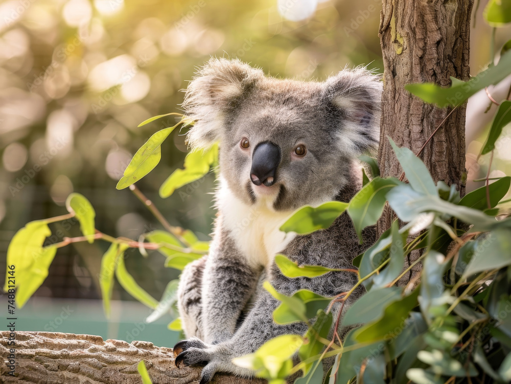 Obraz premium A relaxed koala sitting amongst eucalyptus leaves.