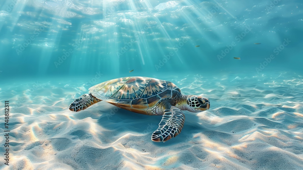Obraz premium Serene underwater scene with a sea turtle gliding over coral reefs in sunlit waters