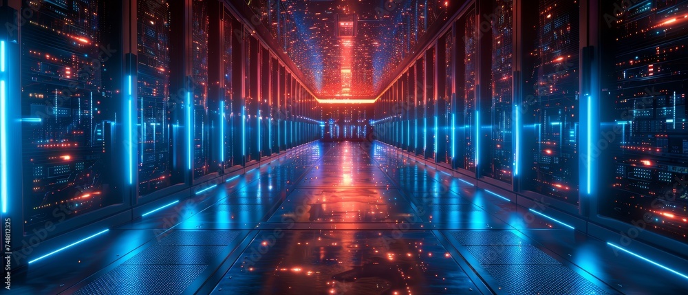 In a futuristic space with digital electronic equipment, data spheres hang over the floor in digital cyberspace. Abstract illustration of a server room in a data center.