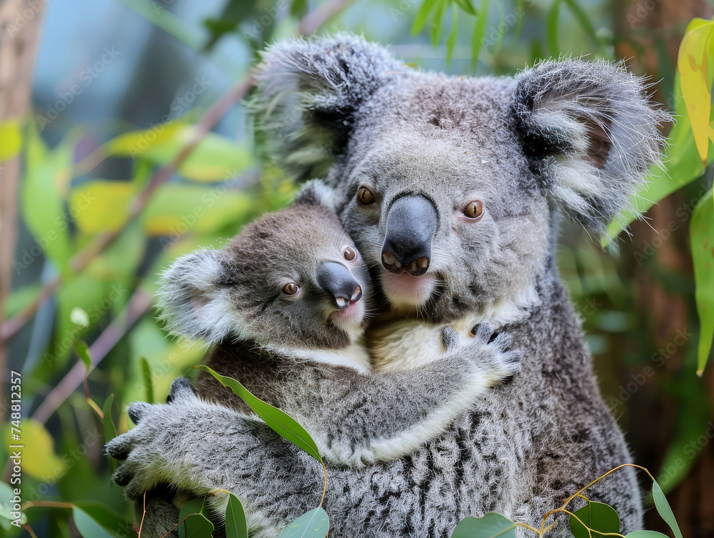 Fototapeta premium A koala mother and her joey share a tender moment, nestled in the crook of a eucalyptus tree.