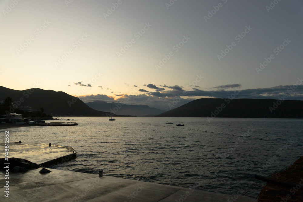 Beautiful view of the mountains in the Bay of Kotor on a sunny morning, Montenegro. Adriatic Sea.