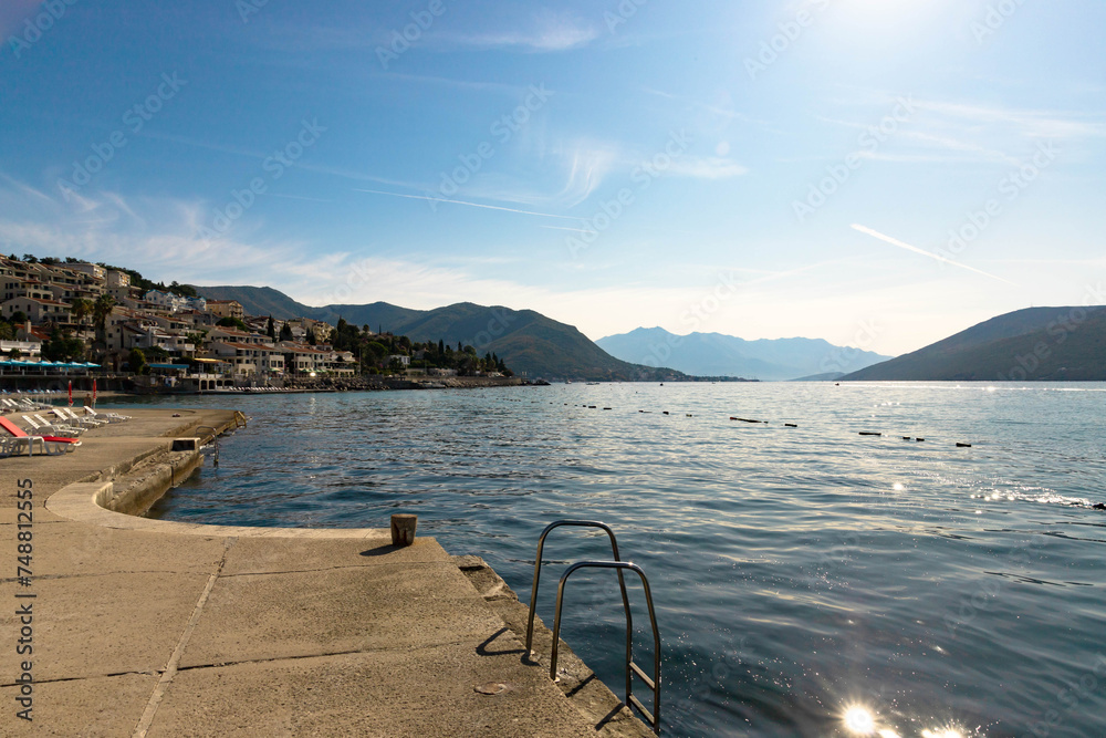 Beautiful view of the mountains in the Bay of Kotor on a sunny morning, Montenegro. Adriatic Sea.