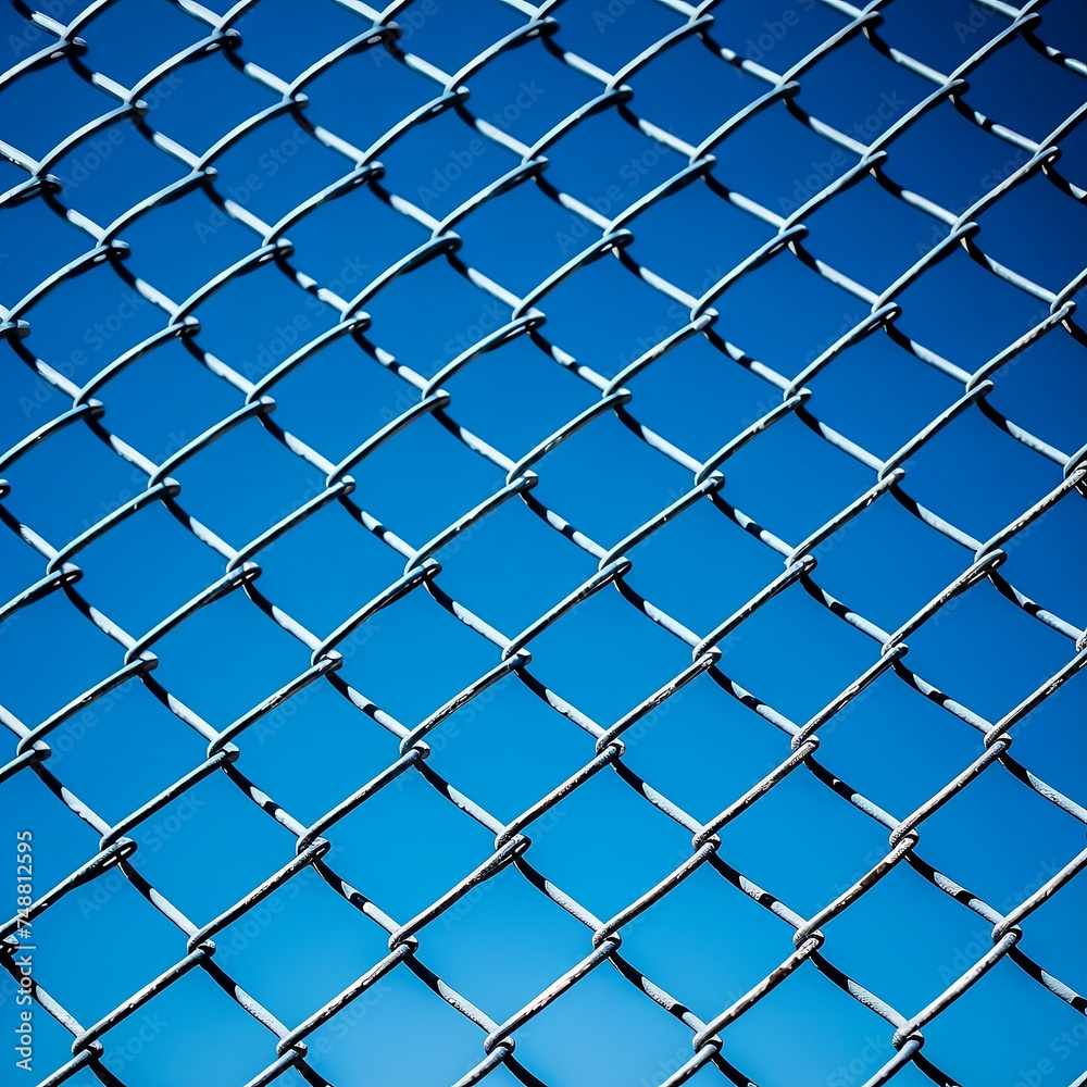 Fototapeta premium A chain link fence on a blue background, 1:1.