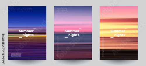 Summer beach night backgrounds set. Creative gradients in summer colors. Ocean horizon, beach and sunsets.