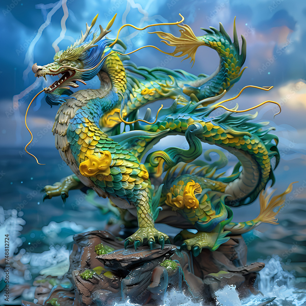 Obraz premium Blue Dragon, Guardian God of Water, generative AI 