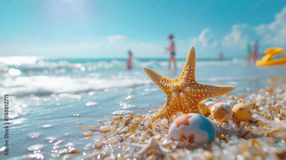 Starfish on the shoreline with a bright summer sky reflecting the joy of a beach vacation Starfish on the shoreline with a bright summer sky reflecting the joy of a beach vacation