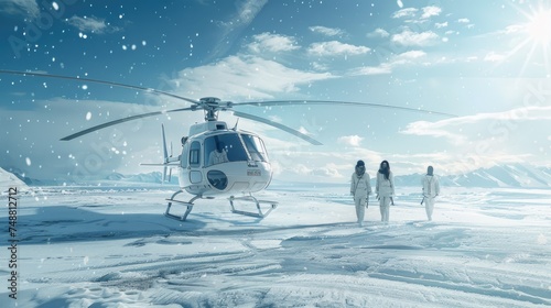 a white helicopter against the backdrop of the vast, snow-covered landscape of the North Pole on a bright and sunny day, with a group of women dressed in simple white clothing boarding the helicopter.