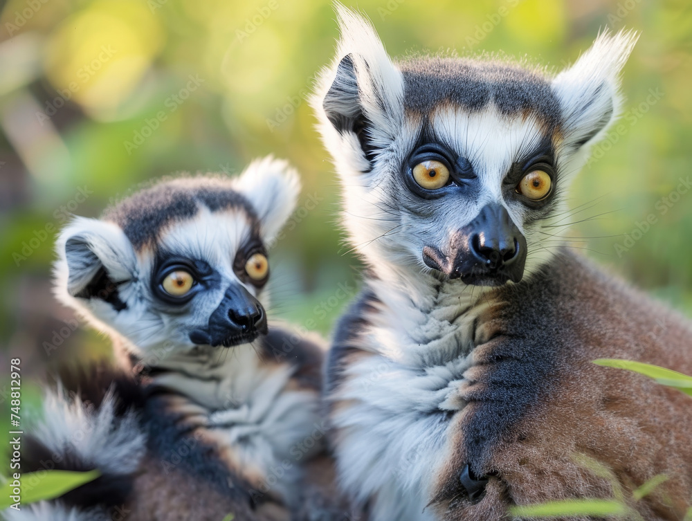 Fototapeta premium A tender moment as a mother ring-tailed lemur shares a moment with her baby in a natural setting.