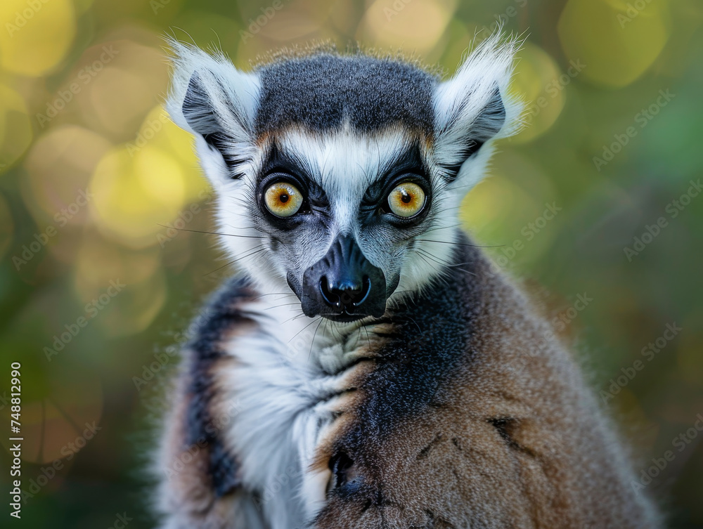 Fototapeta premium A ring-tailed lemur gazes away with captivating yellow eyes and a detailed fur pattern.