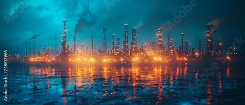 In this photograph, oil pumps are in a field on blue. This concept is related to digital extraction, gas markets, well drilling, petroleum production, fossil fuel, oilfield crises, energy economies, photo