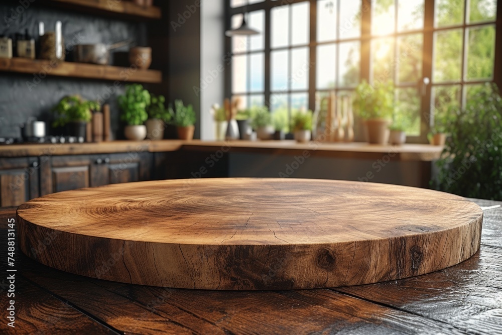 A wooden kitchen table with an empty cutting board, ready for food preparation, showcasing a rustic background.