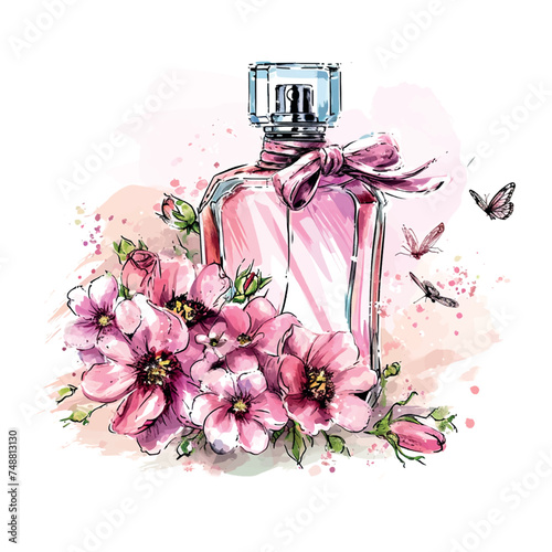 a beautiful pink perfume bottle with roses in the glamour style, golden glitter watercolor illustration on white background