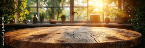 An empty wooden table, offering a natural and rustic backdrop for various designs or displays.