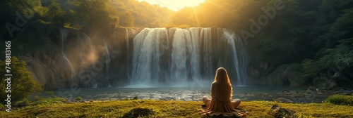 In the lush wilderness, a woman gazes at a majestic waterfall, surrounded by vibrant nature.
